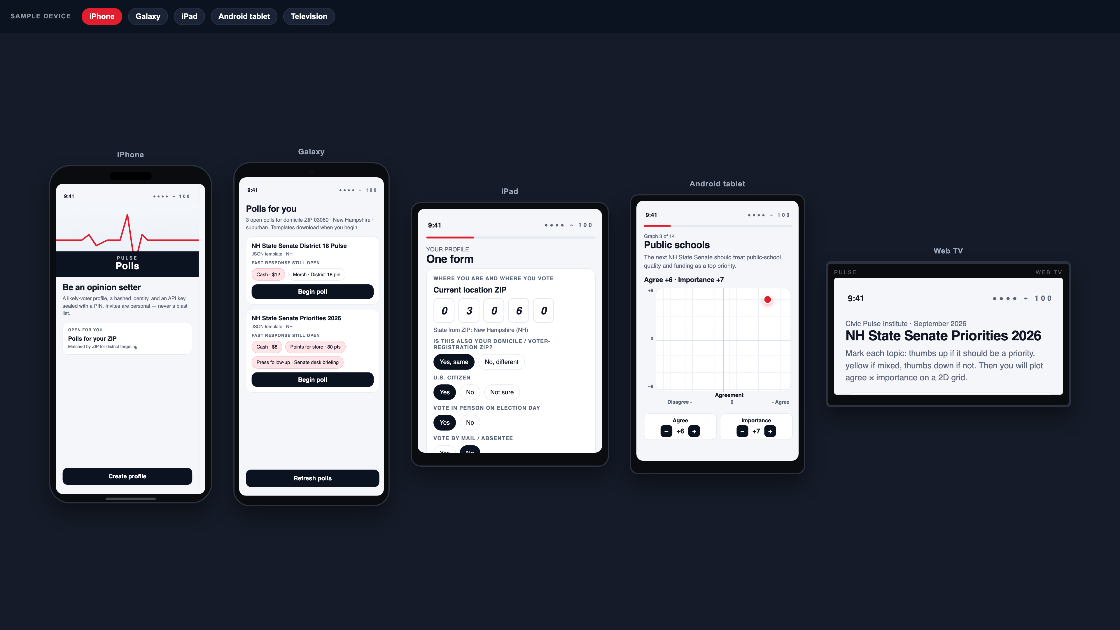 Pulse Polls on iPhone, Galaxy, iPad, Android tablet, and web TV